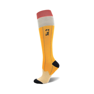 A pair of yellow, gray, and coral knee-high socks designed like pencils.  The socks feature a No. 2 marking and a realistic pencil graphic.