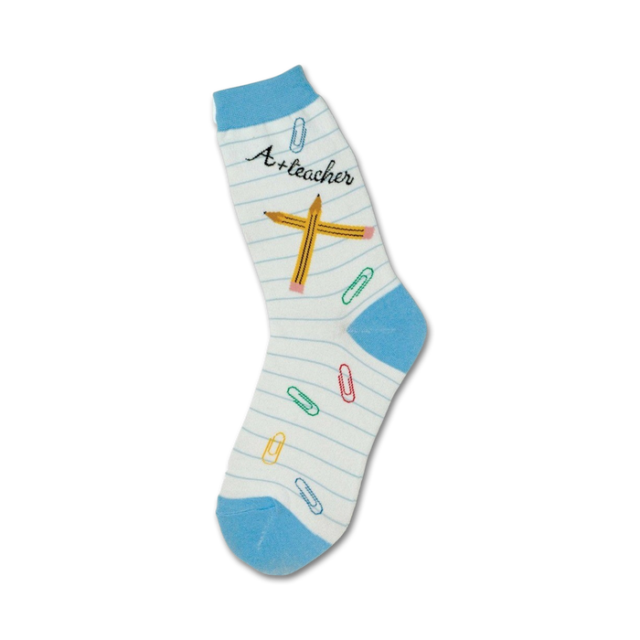Crew socks in white with light blue accents. The design includes pencils, paperclips, and the phrase 'A+ teacher'. }}