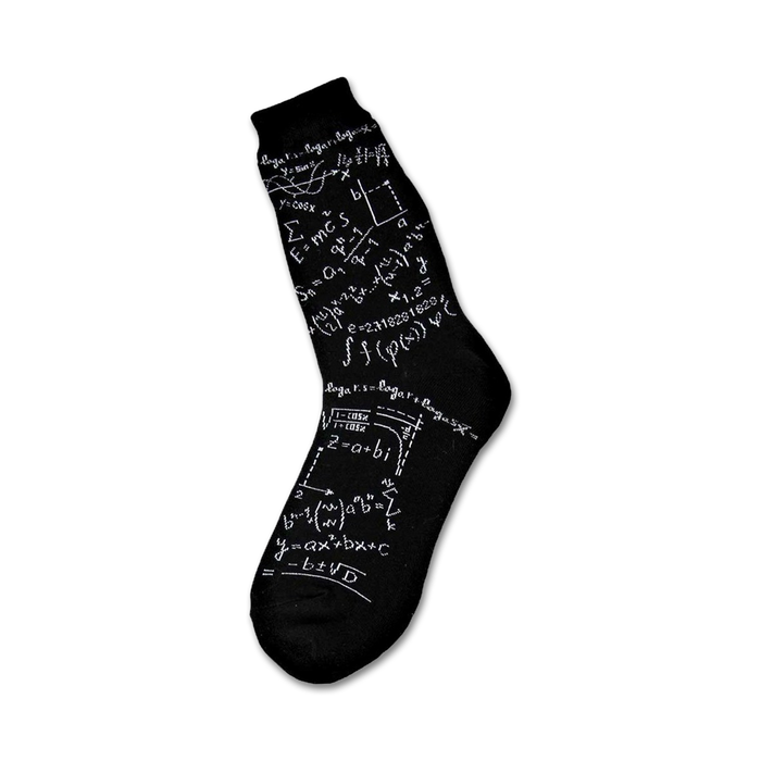 Black crew socks with white mathematical equations, formulas, and symbols printed all over. }}