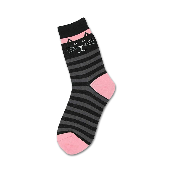 Crew socks in black and pink stripes. A cute black cat face is embroidered on the top. }}