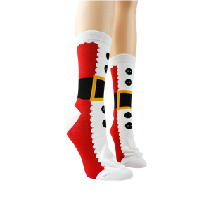 Pair of Santa Suit socks on mannequin legs, showcasing the design from the front.