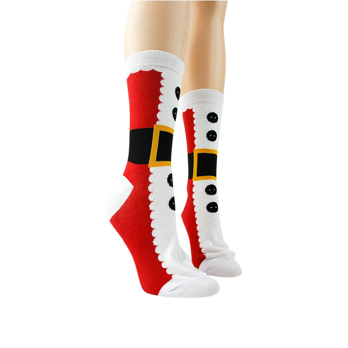 Pair of Santa Suit socks on mannequin legs, showcasing the design from the front.