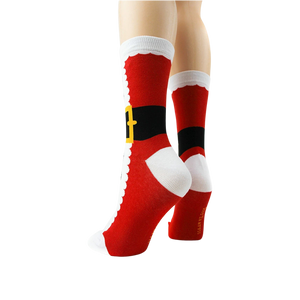 Back view of Santa Suit socks on mannequin legs, showing the full design.