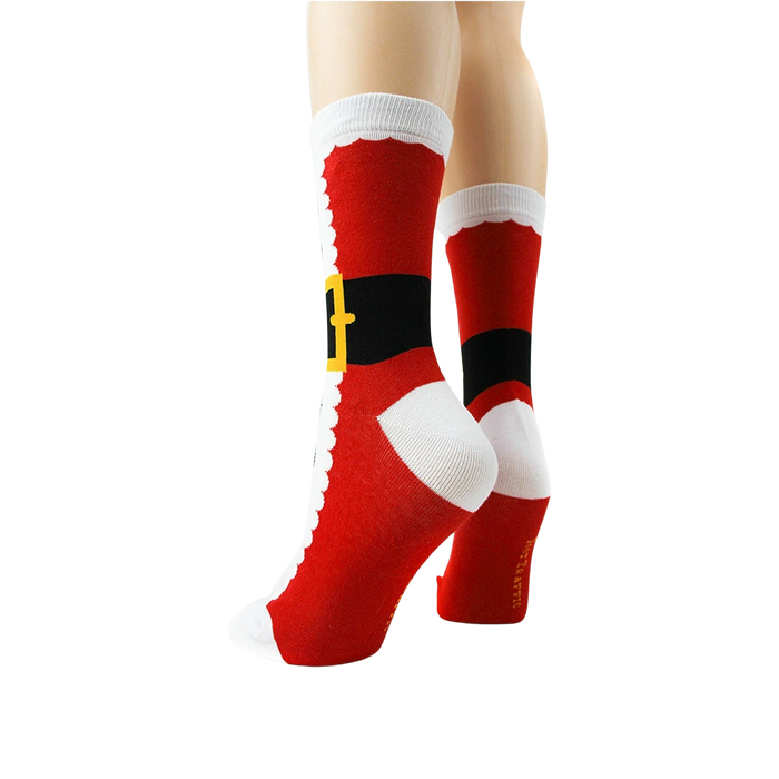 Back view of Santa Suit socks on mannequin legs, showing the full design.
