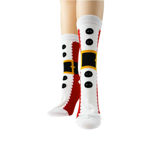Close-up shot of a pair of Santa Suit socks, emphasizing the design details.