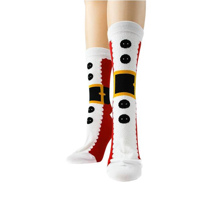 Close-up shot of a pair of Santa Suit socks, emphasizing the design details.