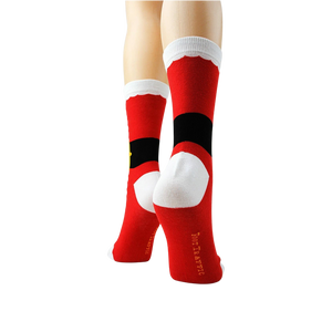 Another back view of the socks on mannequin legs, showcasing the sock's branding.