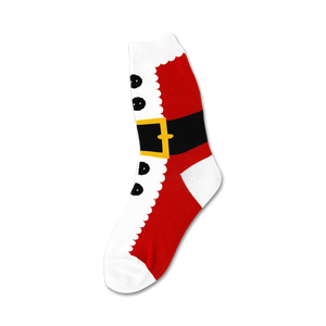 A close-up of a single Santa Suit sock. It's red and white with a black belt and gold buckle, plus faux buttons.