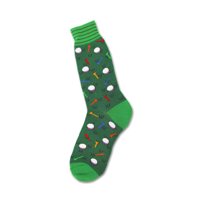 mens crew length golf themed socks embroidered with multicolored golf balls and tees.     }}
