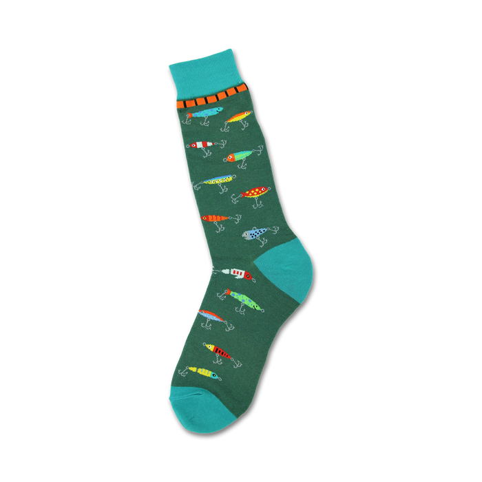 Green crew socks with a teal cuff, adorned with a pattern of colorful fishing lures and hooks. }}