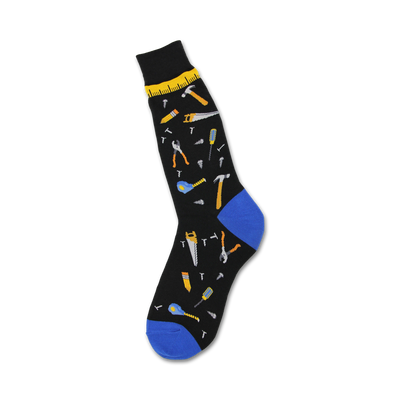 Black crew socks with colorful tool designs (hammers, saws, pliers) and a royal blue heel and toe.
