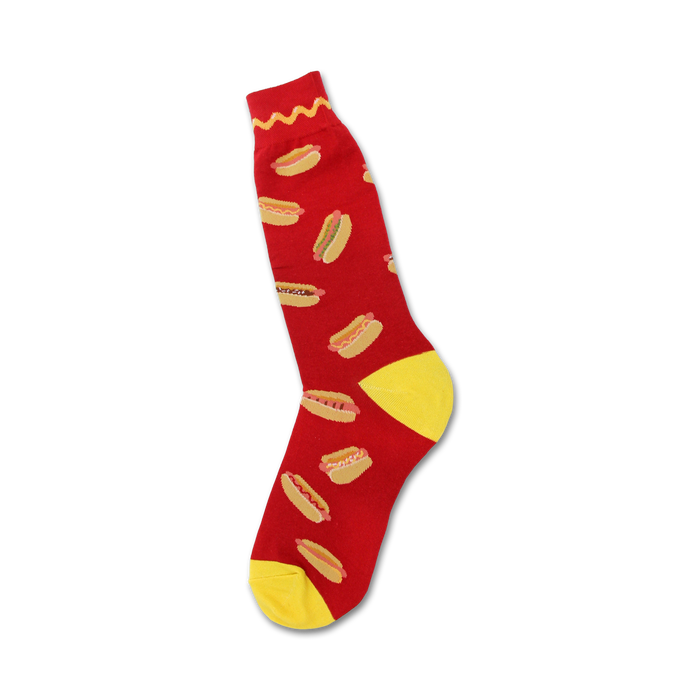 red crew socks with a pattern of yellow hot dogs with brown lines and mustard detailing.    }}