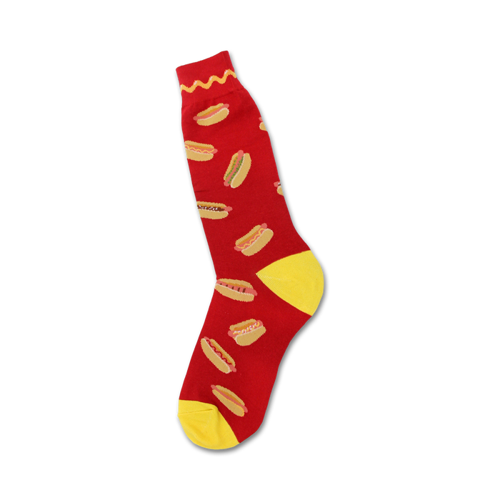 Red crew socks with a fun hot dog pattern. Yellow accents on the heel and toe. A must-have for hot dog lovers! }}