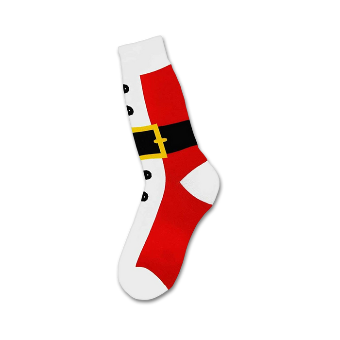 Crew socks in red and white with a black belt design, resembling Santa's suit. }}