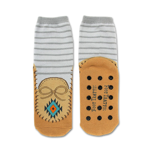  brown and gray striped crew socks with moccasin design and rubber tread for non-slip support.  
