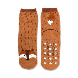 Brown crew socks with a cute fox face and tail design.  Non-skid grips on the bottom.