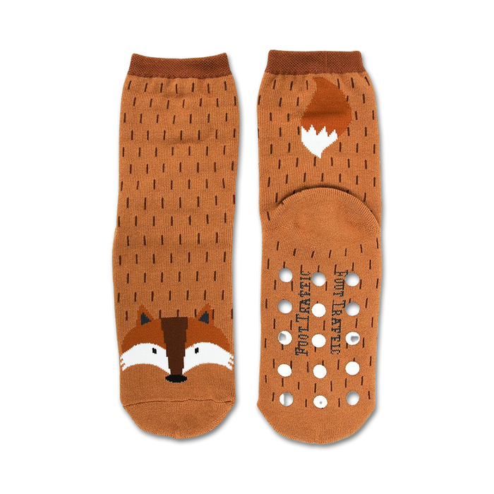 Brown crew socks with a cute fox face and tail design.  Non-skid grips on the bottom.