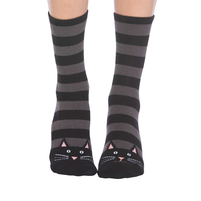 A pair of gray and black striped crew socks with cute black cat faces at the toes. Non-skid bottom. }}