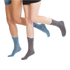 Two models wearing Shark Bite 3D socks in blue and grey.