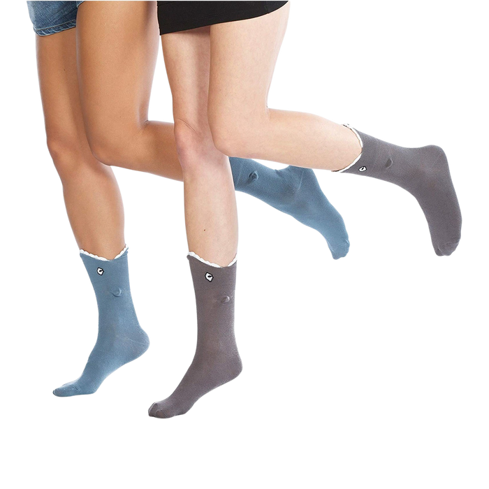 Two models wearing Shark Bite 3D socks in blue and grey.