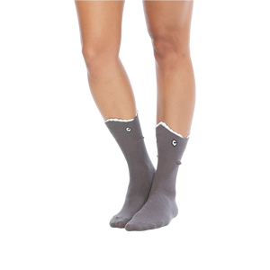 Flat lay showcasing both grey and blue Shark Bite 3D socks.