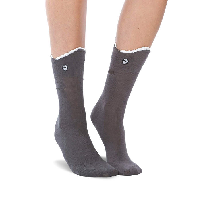 Grey crew socks with a white shark-bite cuff and embroidered shark eye detail.