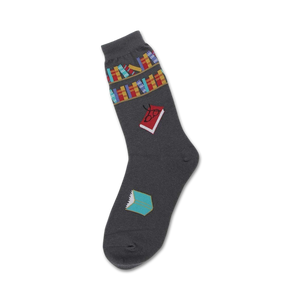 gray crew socks feature book-filled shelves with red, blue books, and glasses.  