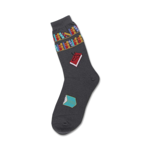 Close-up of gray crew socks with the same book-themed design as the cream socks.