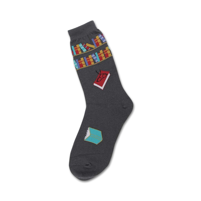 gray crew socks feature book-filled shelves with red, blue books, and glasses.  