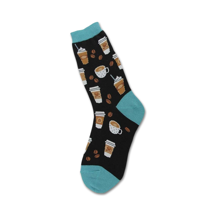 Crew socks with a black background, teal cuffs, and a design of coffee cups and beans. }}