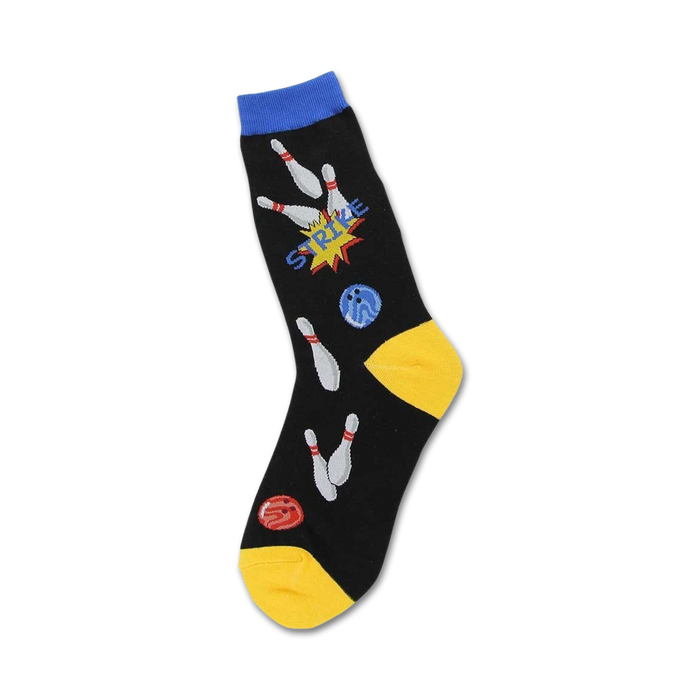 crew length womens bowling socks in black with yellow accents, bowling balls and pin design, perfect for the sports enthusiast with a fun side.   }}