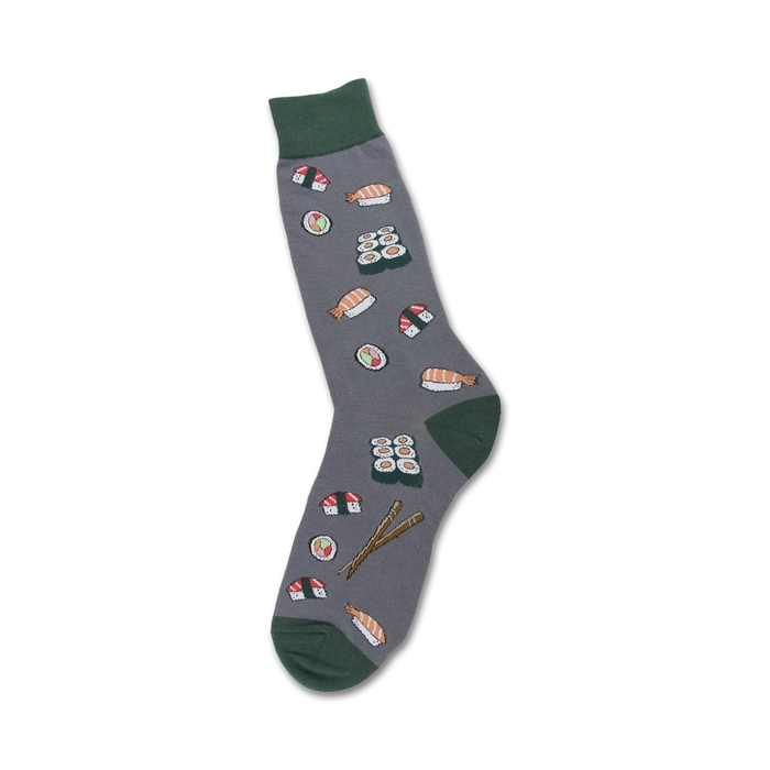 Gray crew socks with colorful sushi illustrations, including nigiri, maki, and chopsticks. Green cuffs add a pop of color. }}