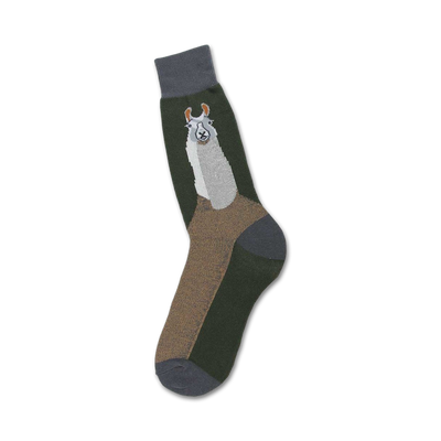 Crew socks in dark green, tan, and grey featuring a whimsical llama design. The llama's face is prominent on the sock.