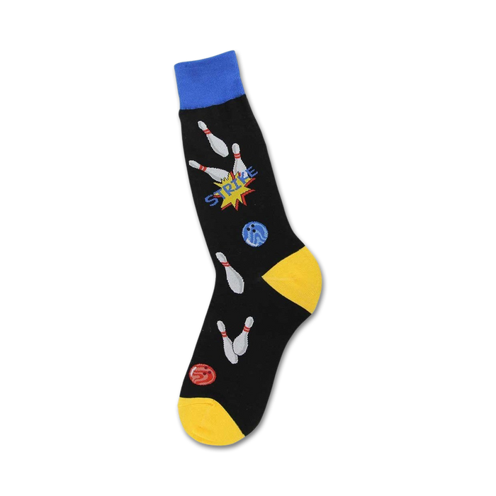 mens black crew socks with yellow toe, heel, and cuff. bowling pins and bowling balls in bright color pattern.  }}