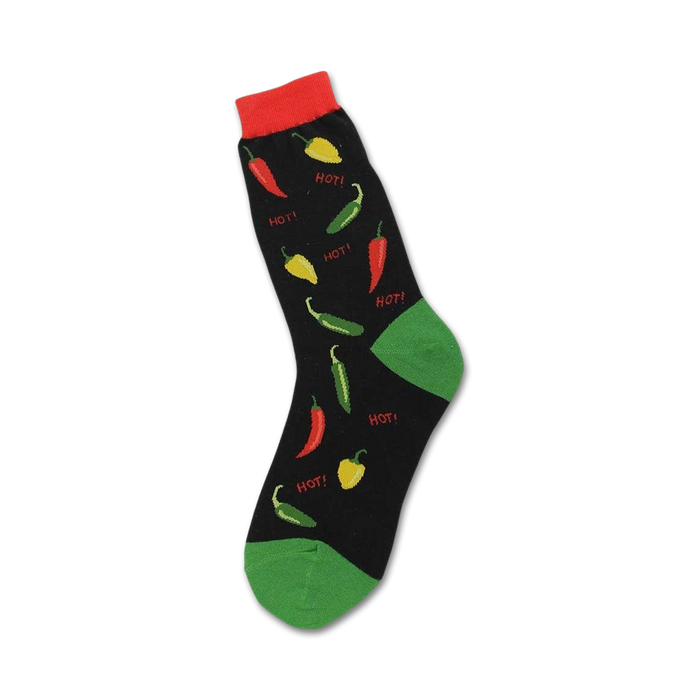 Crew socks in black with red, yellow, and green peppers and the word 'HOT!' printed on them. Fun, colorful design. }}
