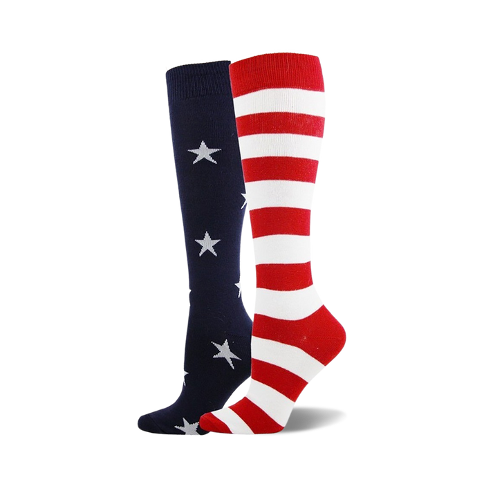 Pair of knee-high socks. One navy blue with white stars, the other red and white striped.  Patriotic American flag theme. }}
