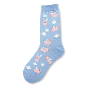 Light blue crew sock with a pattern of pink flying pigs and white clouds.
