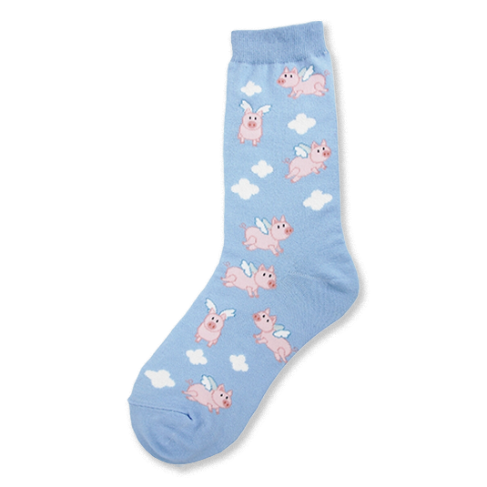 Light blue crew sock with a pattern of pink flying pigs and white clouds.