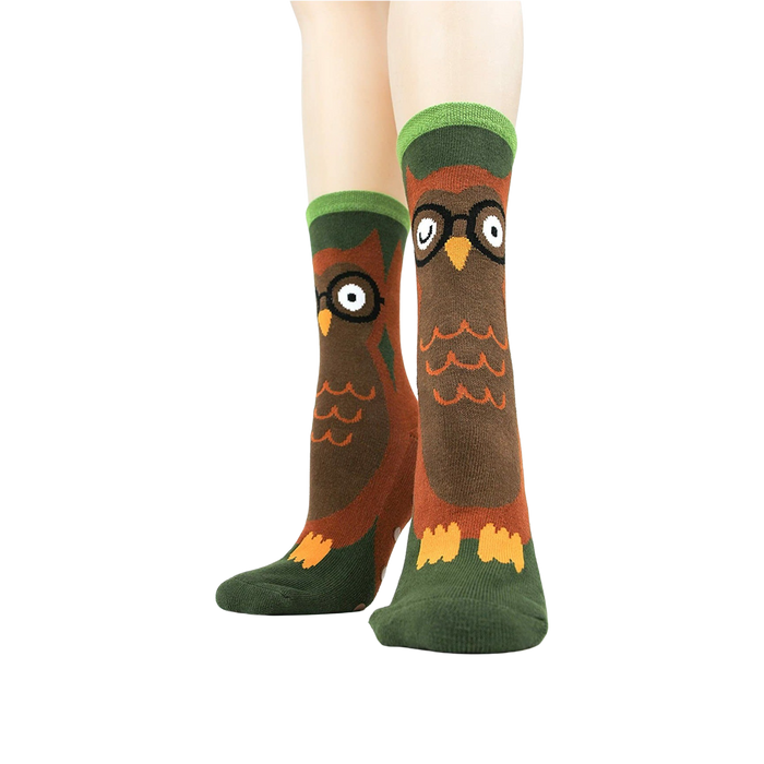 Close-up of the socks' front showing the owl design detail.