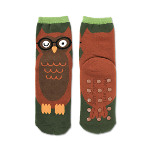 Brown and green owl slipper socks with non-skid bottoms.  Owls wear glasses. Cute and comfy!