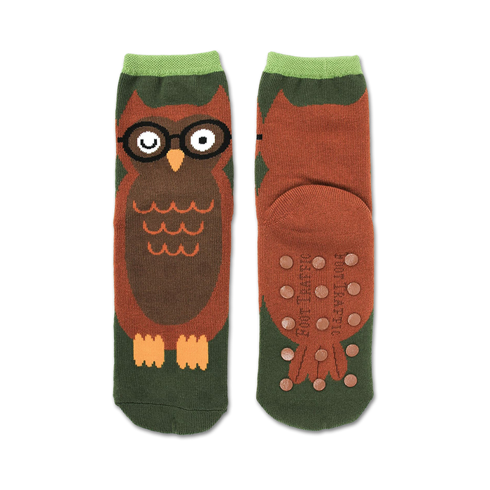 Brown and green owl slipper socks with non-skid bottoms.  Owls wear glasses. Cute and comfy!
