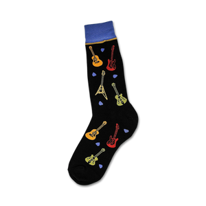 Black crew socks with colorful guitar and pick designs. Blue and yellow accents at the top.