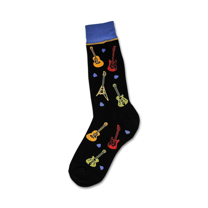 Black crew socks with colorful guitar and pick designs. Blue and yellow accents at the top.