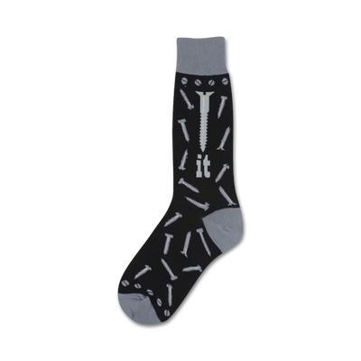 Black crew socks with a light grey screw design and the word 'it'.
