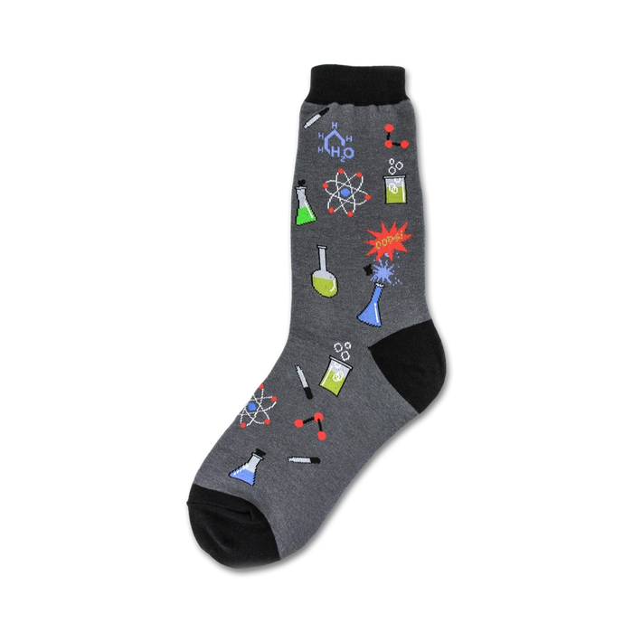 Grey crew socks with colorful science illustrations: beakers, atoms, molecules, and the word 'POP!' }}