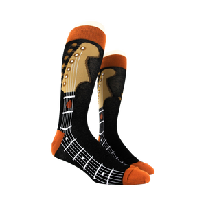 Pair of Guitar Neck socks on a mannequin, showcasing the full design.