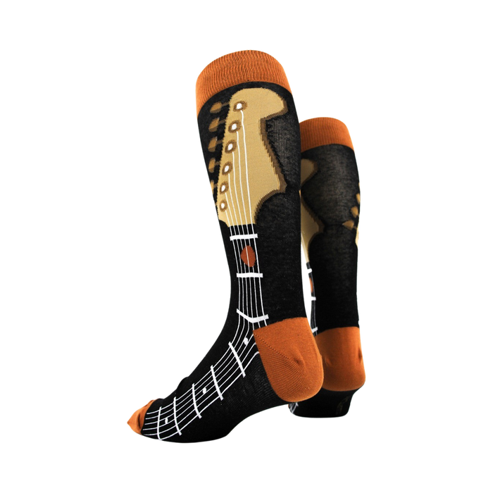Back view of Guitar Neck socks highlighting the design details on the heel and sole.