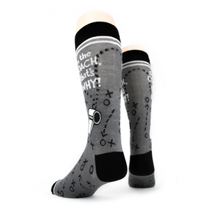 Back view of 'I'm the Coach' socks on a mannequin, highlighting the back design.