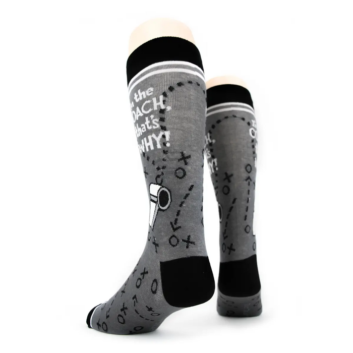 Back view of 'I'm the Coach' socks on a mannequin, highlighting the back design.