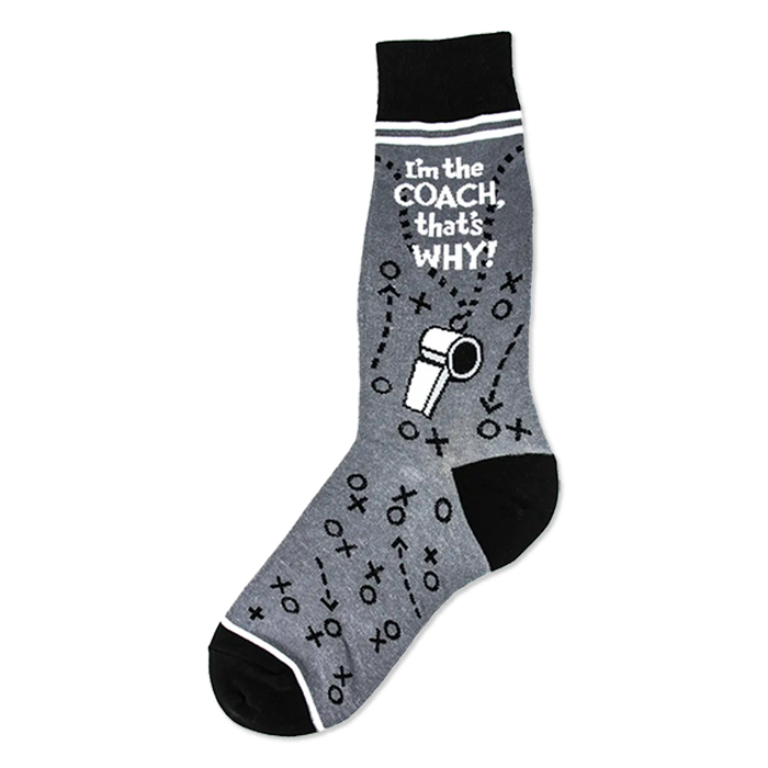 Gray and black crew socks featuring a playbook design, whistle graphic, and the text 'I'm the Coach, that's why!'